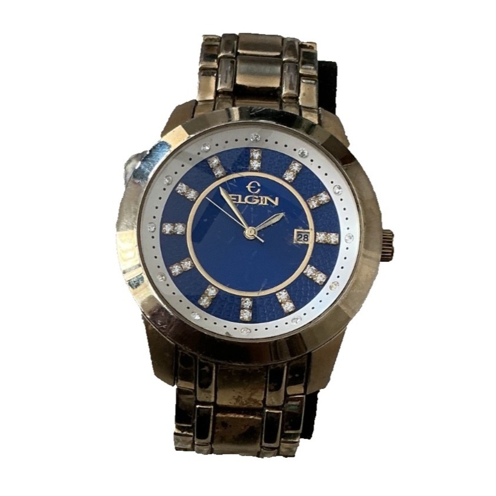 Vtg Elgin Men's Crystal Watch Gold Dress Blue Dial & Case Date 35mm